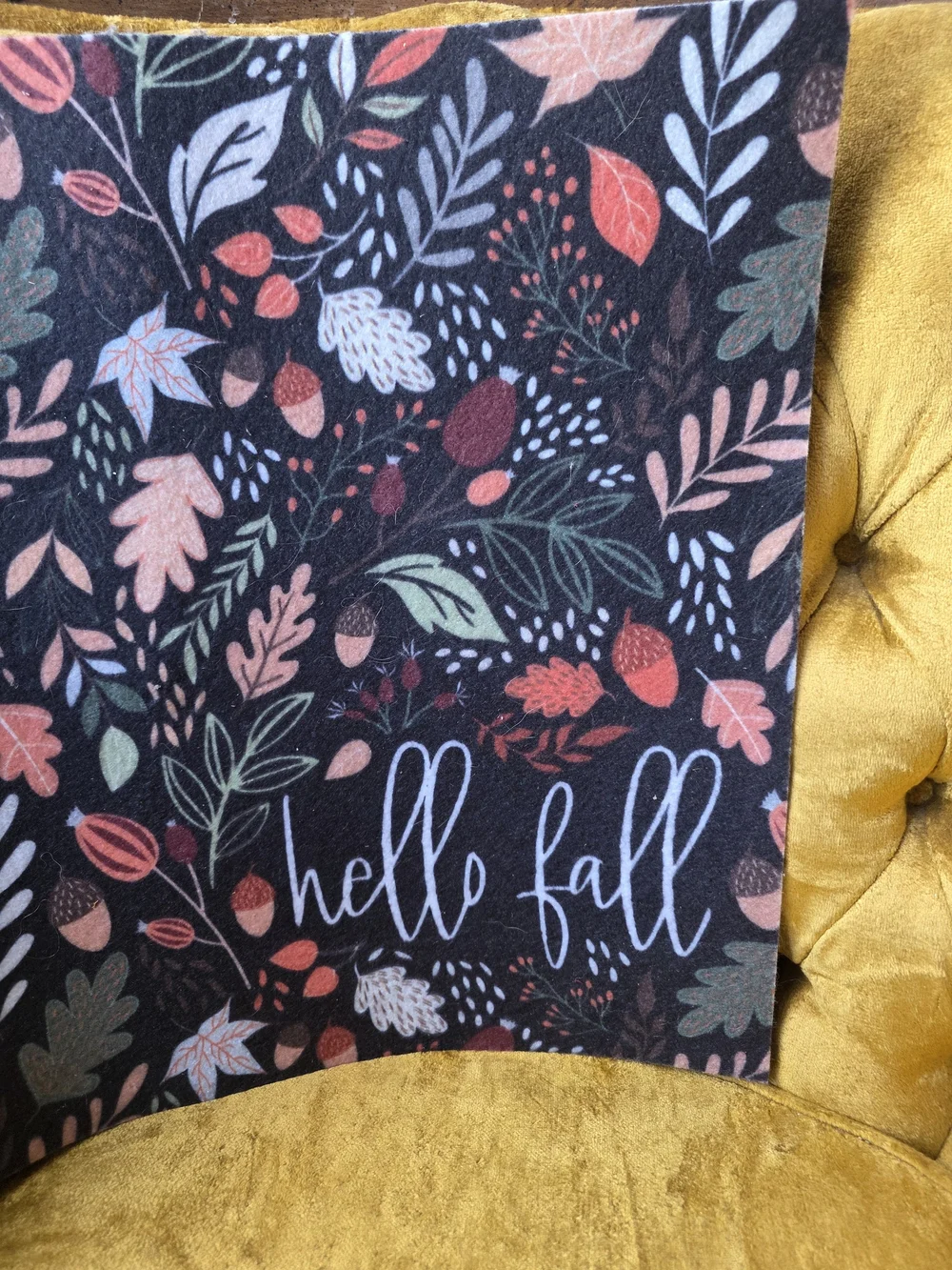 Hello Fall Doormat - Black with Colorful Autumn Leaves Acorns